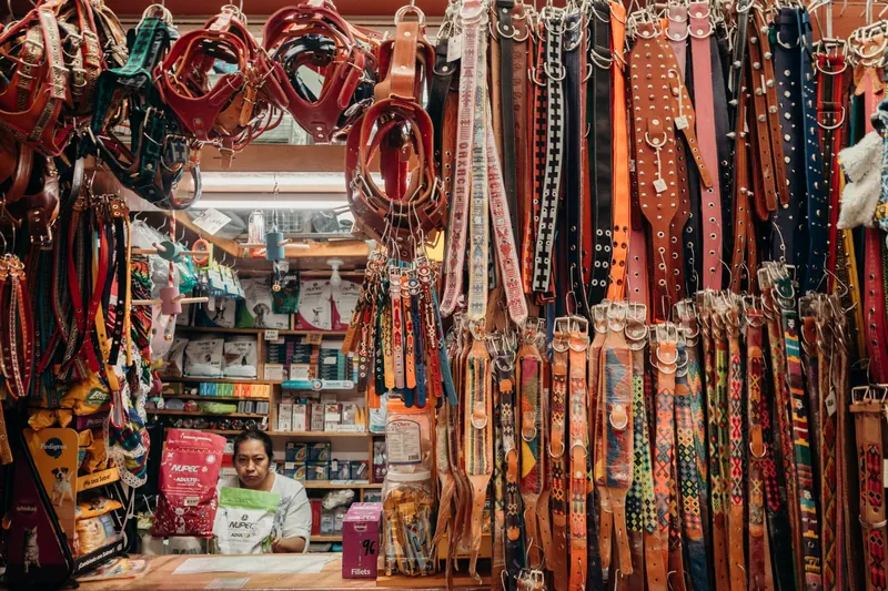 Exhibidor de collares de cuero en una tienda de mascotas